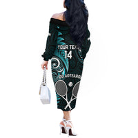 Custom New Zealand Tiki Tennis Off The Shoulder Long Sleeve Dress 2024 Aotearoa Tenehi Maori Silver Fern - Turquoise LT14 - Polynesian Pride