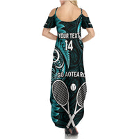 Custom New Zealand Tiki Tennis Summer Maxi Dress 2024 Aotearoa Tenehi Maori Silver Fern - Turquoise LT14 - Polynesian Pride