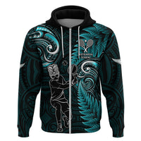Custom New Zealand Tiki Tennis Zip Hoodie 2024 Aotearoa Tenehi Maori Silver Fern - Turquoise LT14 Zip Hoodie Turquoise - Polynesian Pride