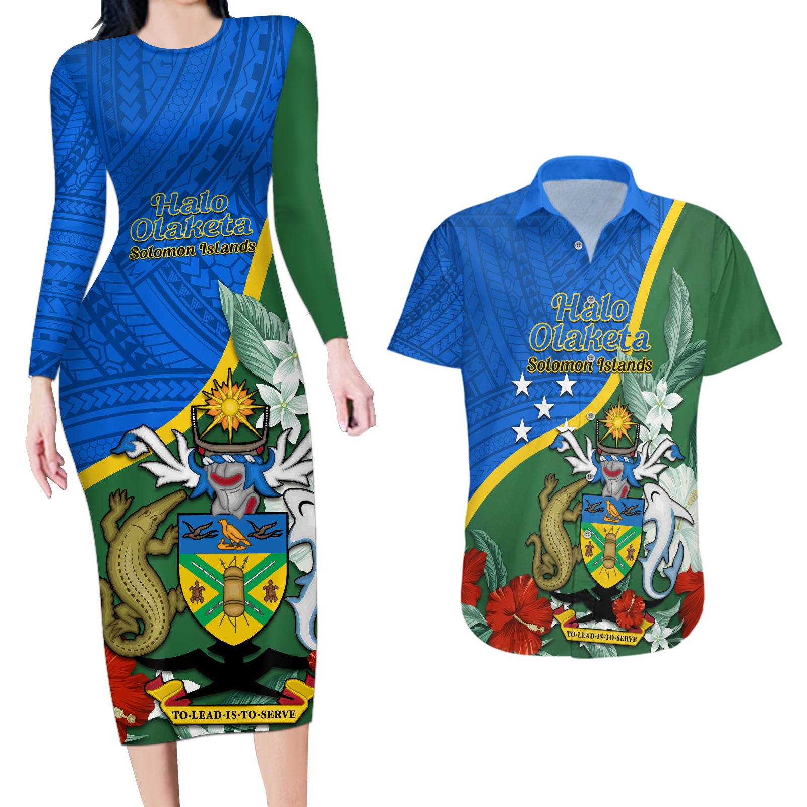 Personalised Halo Olaketa Solomon Islands Couples Matching Long Sleeve Bodycon Dress and Hawaiian Shirt Coat Of Arms With Tropical Flowers Flag Style LT14 Green - Polynesian Pride