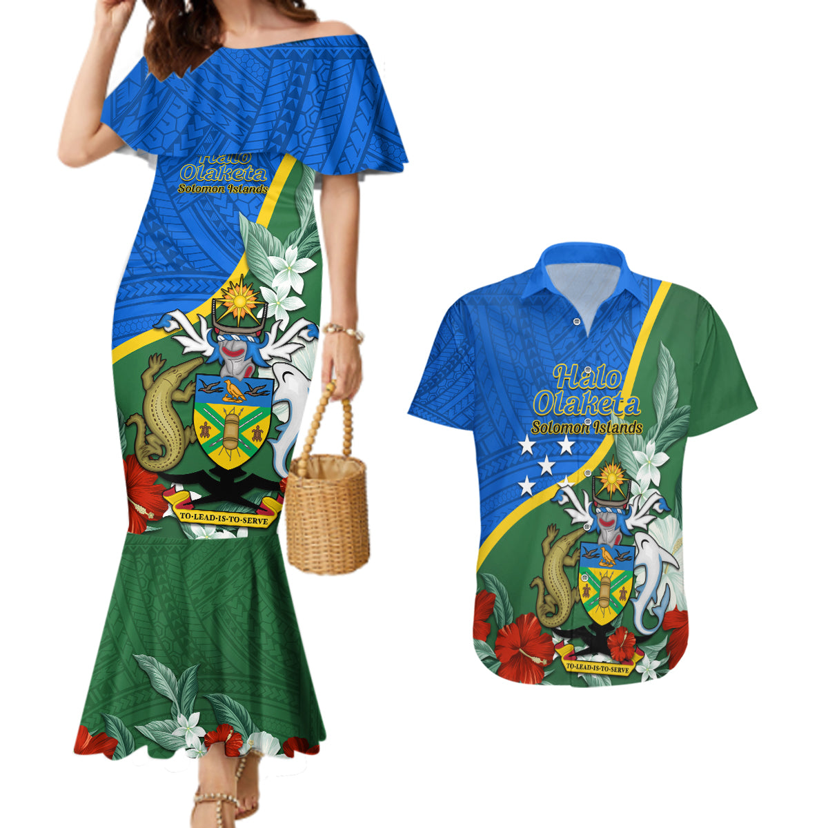 Personalised Halo Olaketa Solomon Islands Couples Matching Mermaid Dress and Hawaiian Shirt Coat Of Arms With Tropical Flowers Flag Style LT14 Green - Polynesian Pride