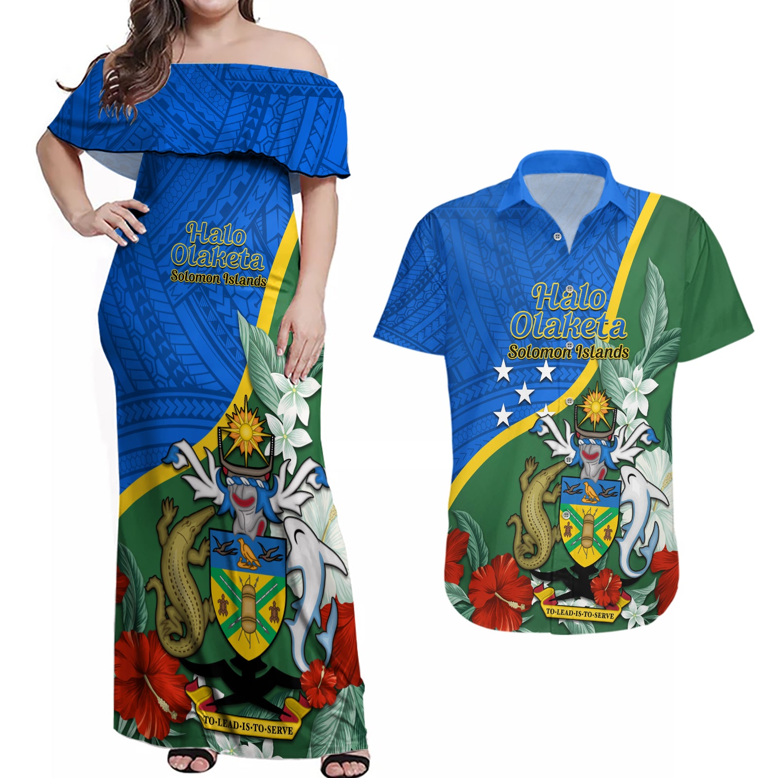 Personalised Halo Olaketa Solomon Islands Couples Matching Off Shoulder Maxi Dress and Hawaiian Shirt Coat Of Arms With Tropical Flowers Flag Style LT14 Green - Polynesian Pride