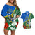 Personalised Halo Olaketa Solomon Islands Couples Matching Off Shoulder Short Dress and Hawaiian Shirt Coat Of Arms With Tropical Flowers Flag Style LT14 Green - Polynesian Pride