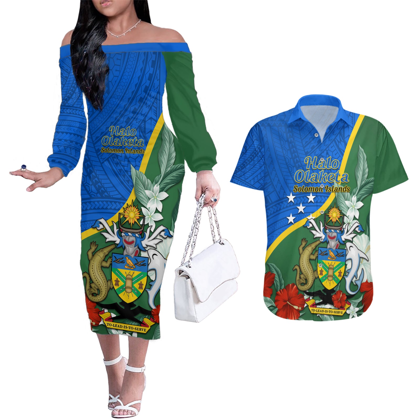 Personalised Halo Olaketa Solomon Islands Couples Matching Off The Shoulder Long Sleeve Dress and Hawaiian Shirt Coat Of Arms With Tropical Flowers Flag Style LT14 Green - Polynesian Pride
