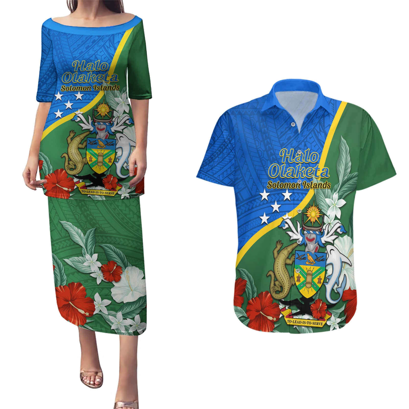 Personalised Halo Olaketa Solomon Islands Couples Matching Puletasi and Hawaiian Shirt Coat Of Arms With Tropical Flowers Flag Style LT14 Green - Polynesian Pride
