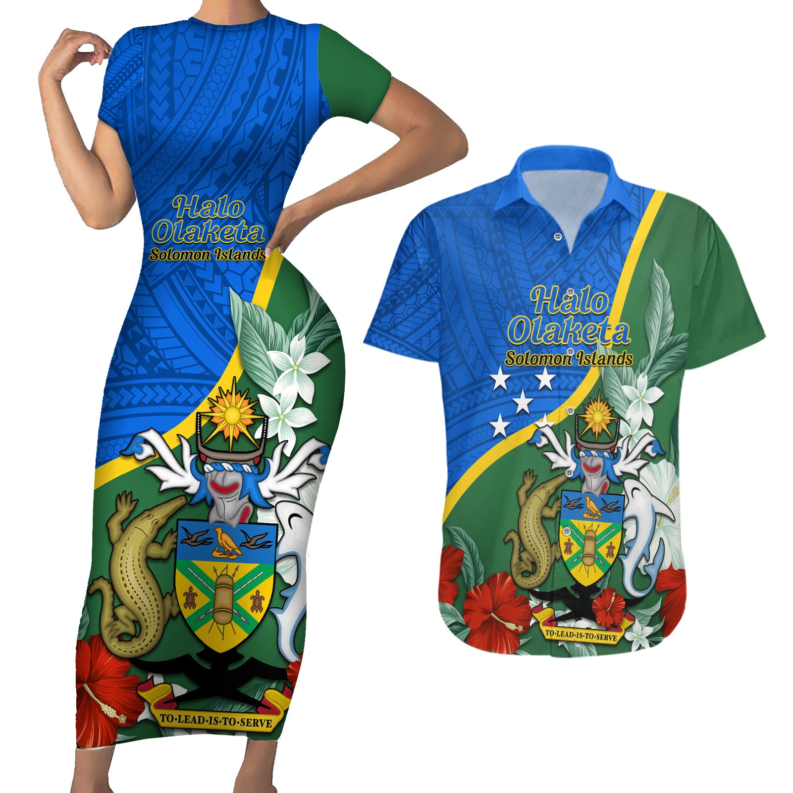 Personalised Halo Olaketa Solomon Islands Couples Matching Short Sleeve Bodycon Dress and Hawaiian Shirt Coat Of Arms With Tropical Flowers Flag Style LT14 Green - Polynesian Pride