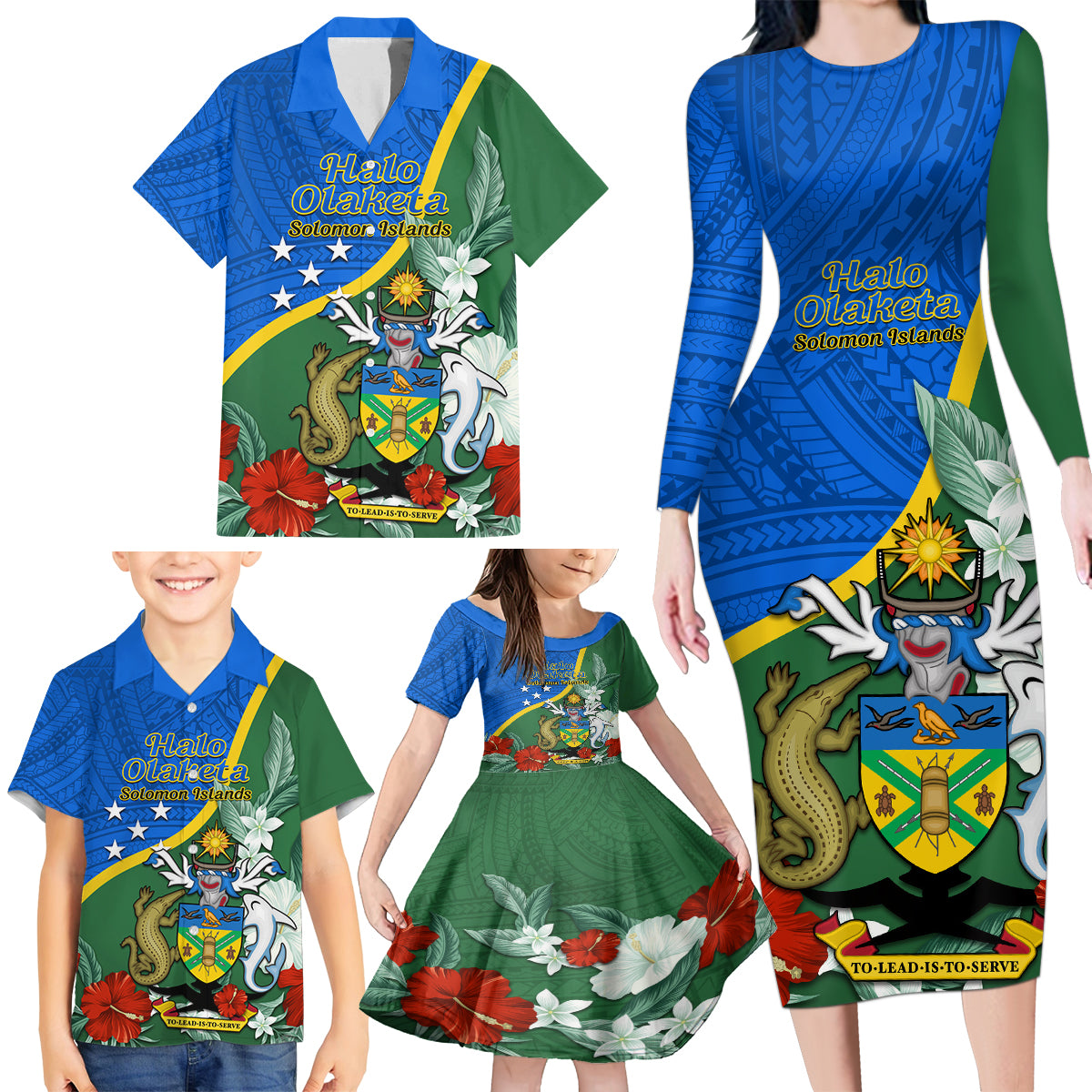 Personalised Halo Olaketa Solomon Islands Family Matching Long Sleeve Bodycon Dress and Hawaiian Shirt Coat Of Arms With Tropical Flowers Flag Style LT14 - Polynesian Pride