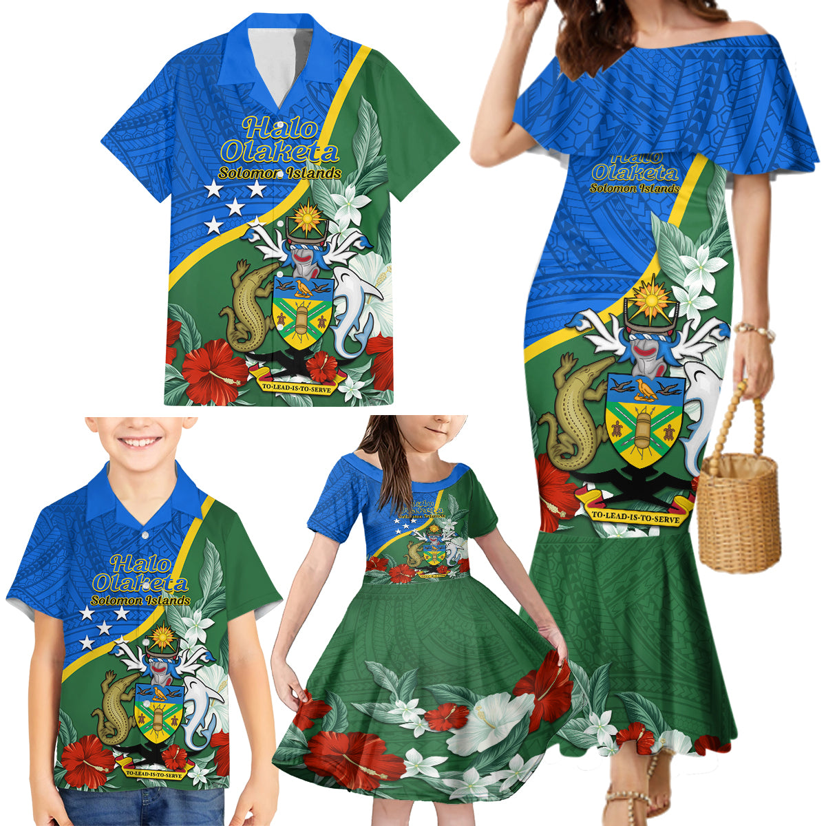 Personalised Halo Olaketa Solomon Islands Family Matching Mermaid Dress and Hawaiian Shirt Coat Of Arms With Tropical Flowers Flag Style LT14 - Polynesian Pride