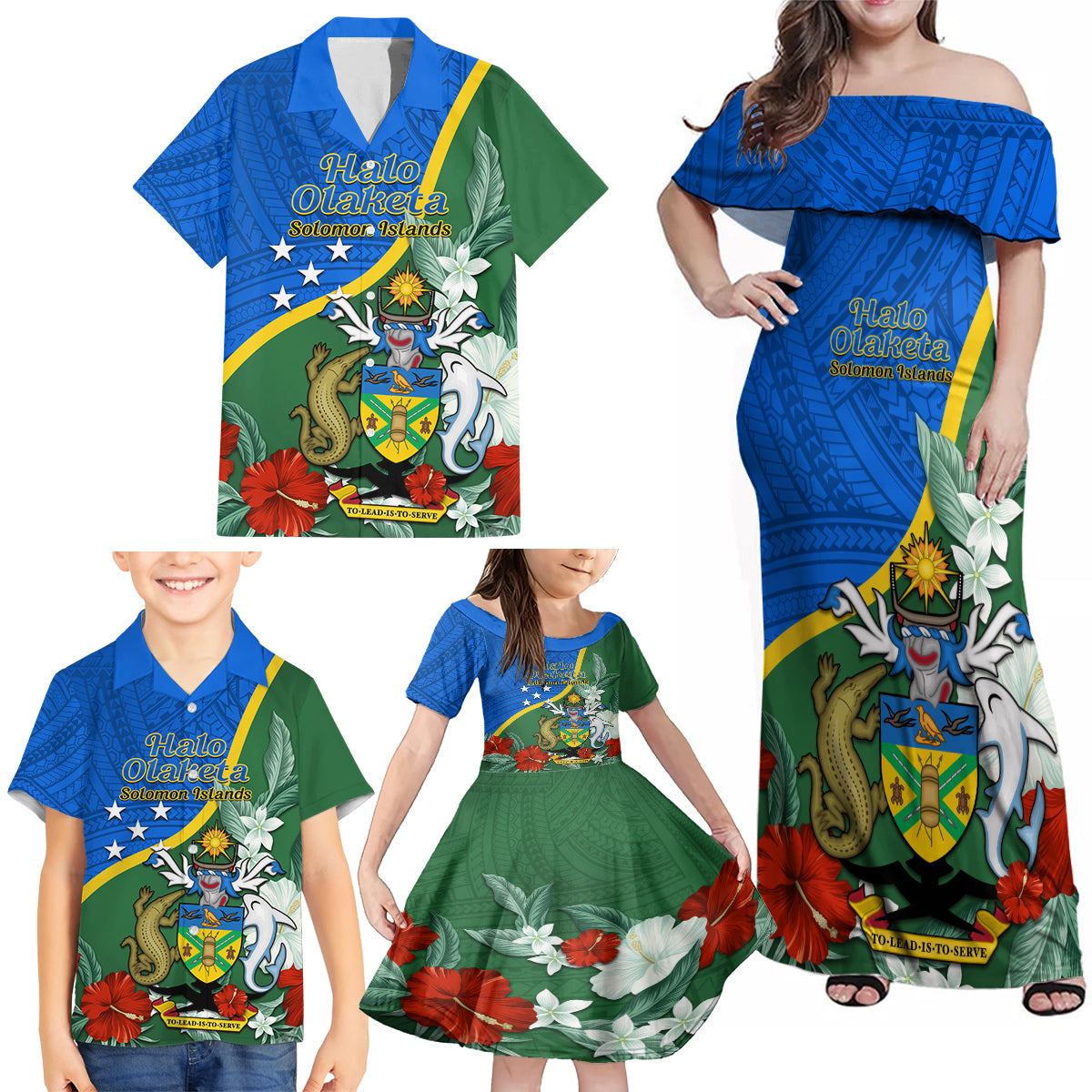 Personalised Halo Olaketa Solomon Islands Family Matching Off Shoulder Maxi Dress and Hawaiian Shirt Coat Of Arms With Tropical Flowers Flag Style LT14 - Polynesian Pride