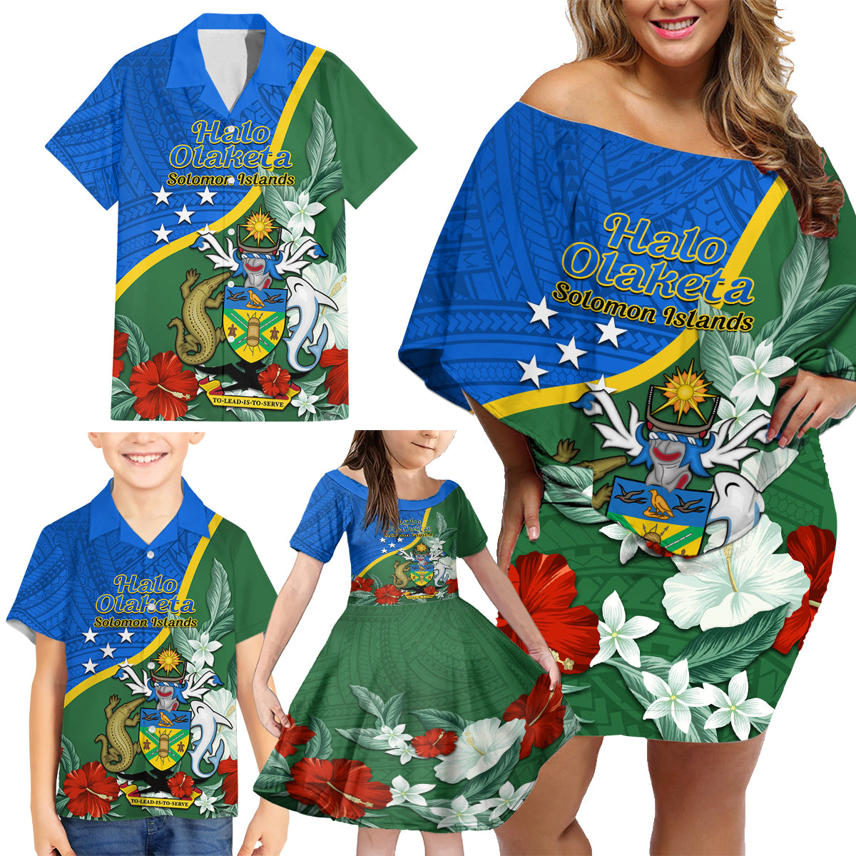 Personalised Halo Olaketa Solomon Islands Family Matching Off Shoulder Short Dress and Hawaiian Shirt Coat Of Arms With Tropical Flowers Flag Style LT14 - Polynesian Pride