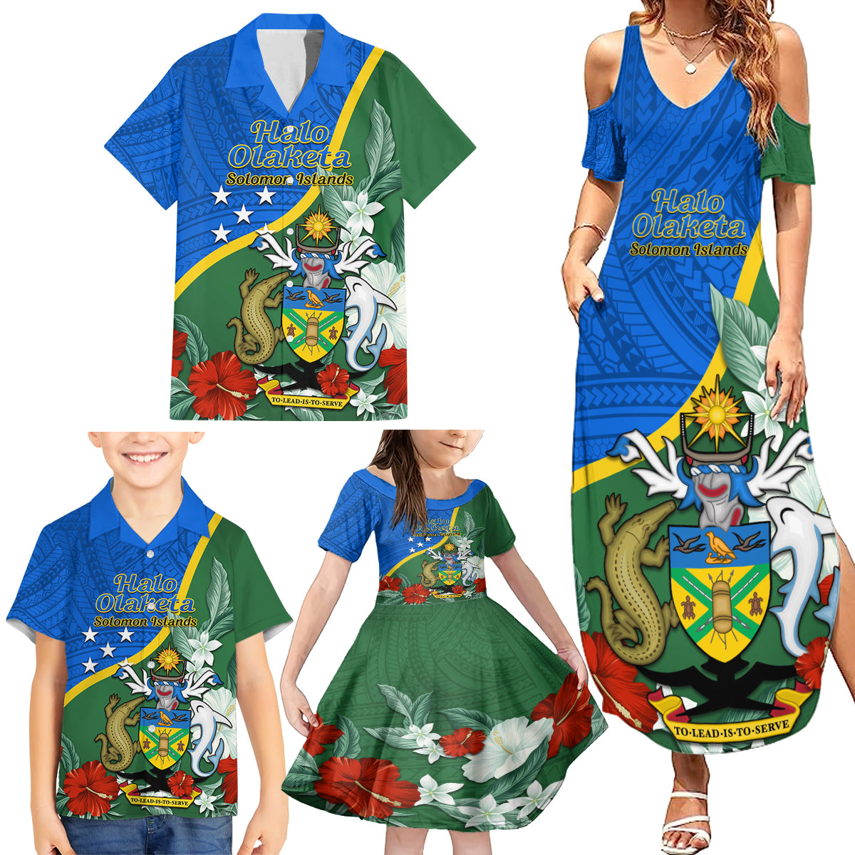 Personalised Halo Olaketa Solomon Islands Family Matching Summer Maxi Dress and Hawaiian Shirt Coat Of Arms With Tropical Flowers Flag Style LT14 - Polynesian Pride