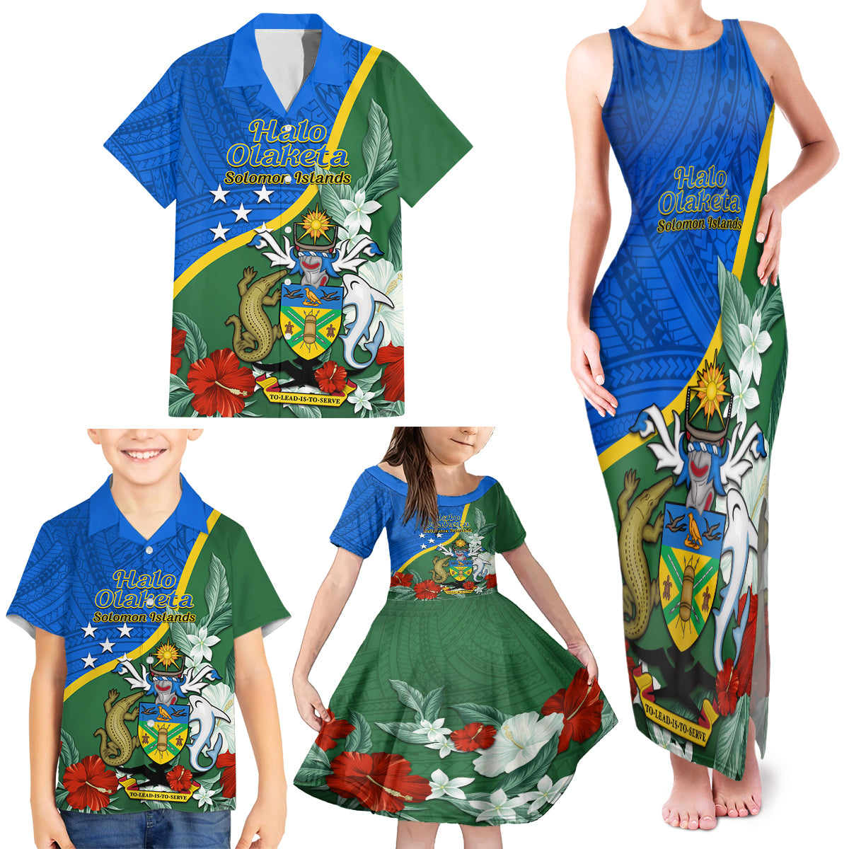 Personalised Halo Olaketa Solomon Islands Family Matching Tank Maxi Dress and Hawaiian Shirt Coat Of Arms With Tropical Flowers Flag Style LT14 - Polynesian Pride