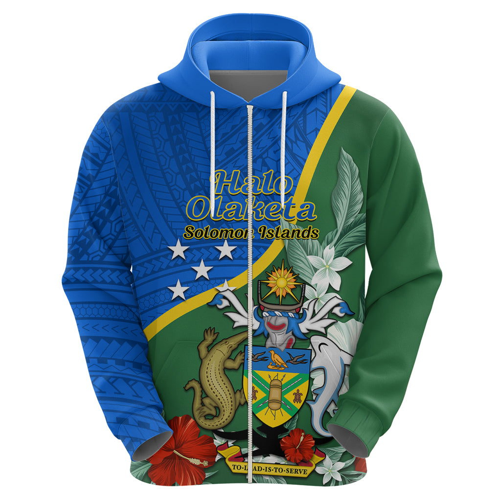 Personalised Halo Olaketa Solomon Islands Hoodie Coat Of Arms With Tropical Flowers Flag Style LT14 - Polynesian Pride