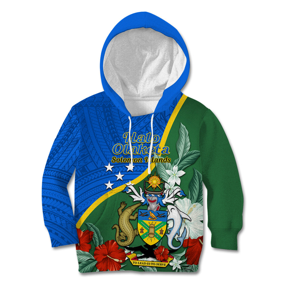 Personalised Halo Olaketa Solomon Islands Kid Hoodie Coat Of Arms With Tropical Flowers Flag Style LT14 Hoodie Green - Polynesian Pride
