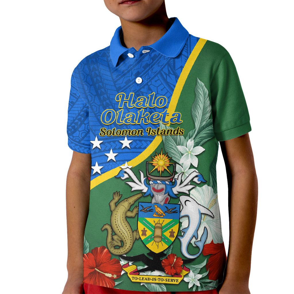 Personalised Halo Olaketa Solomon Islands Kid Polo Shirt Coat Of Arms With Tropical Flowers Flag Style LT14 Kid Green - Polynesian Pride