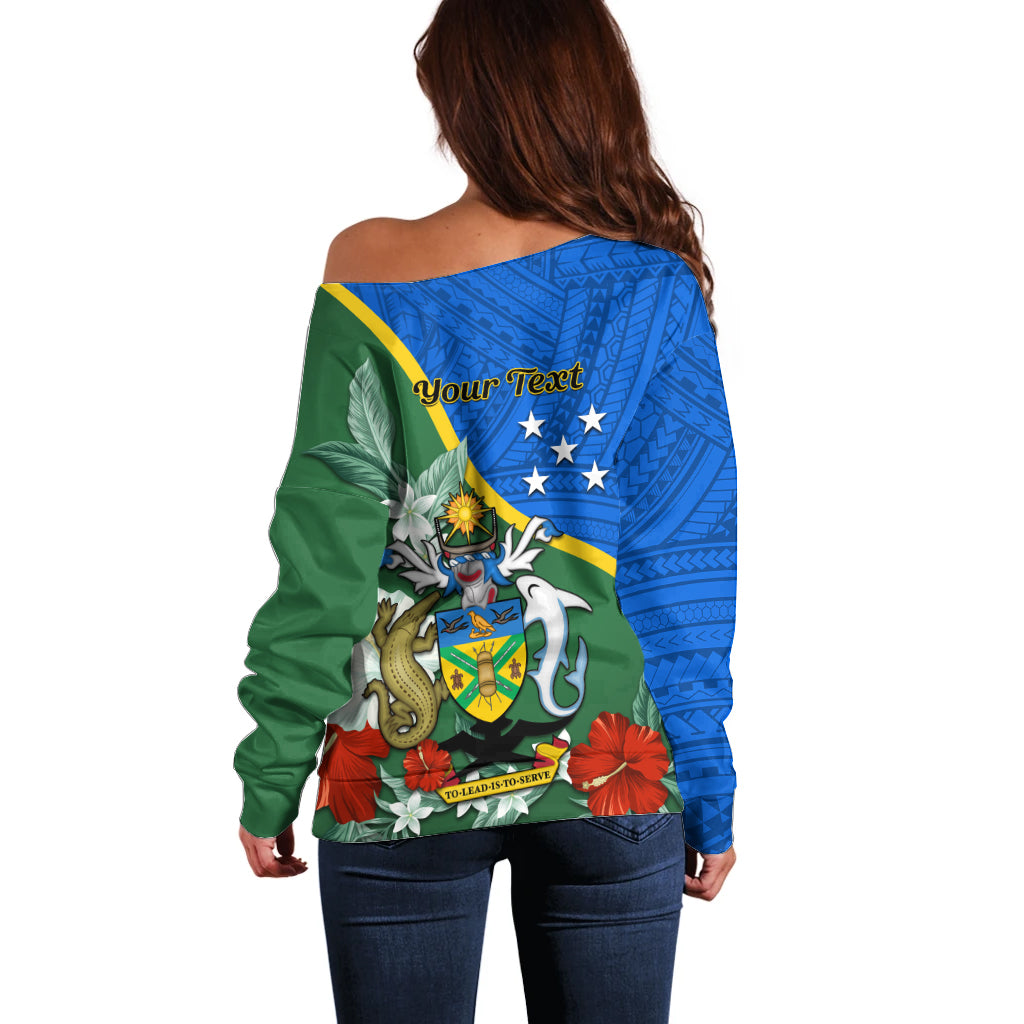 Personalised Halo Olaketa Solomon Islands Off Shoulder Sweater Coat Of Arms With Tropical Flowers Flag Style LT14 - Polynesian Pride