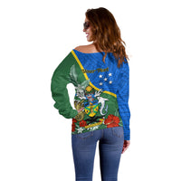 Personalised Halo Olaketa Solomon Islands Off Shoulder Sweater Coat Of Arms With Tropical Flowers Flag Style LT14 - Polynesian Pride