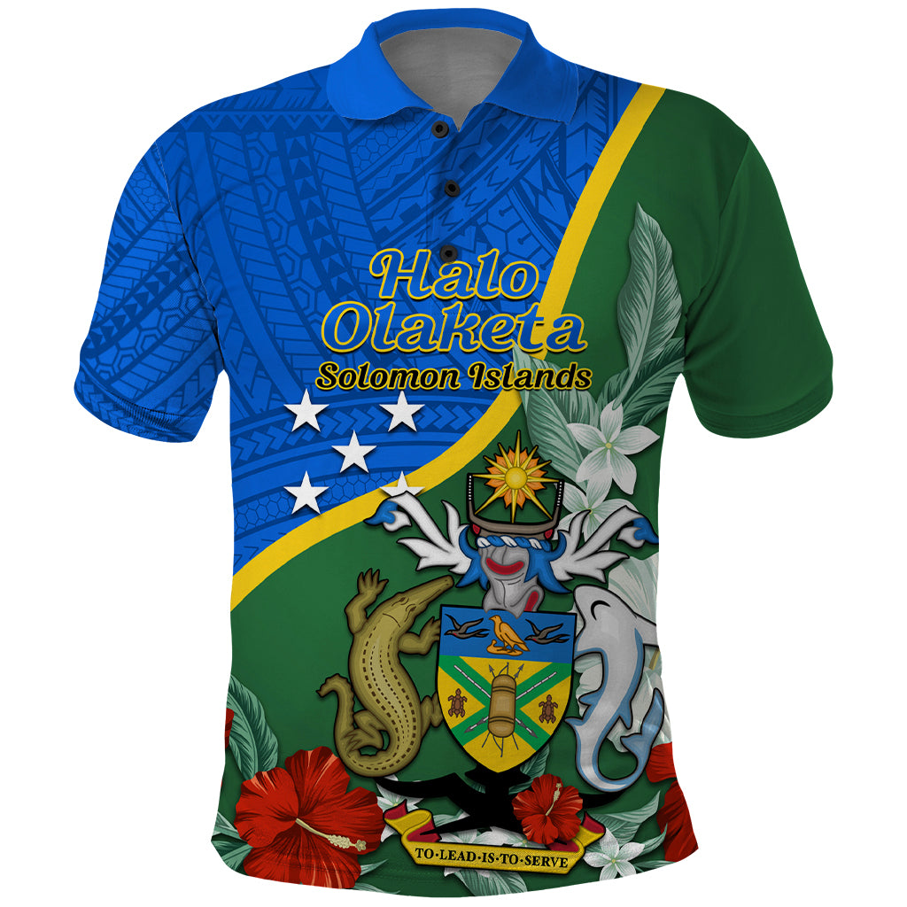 Personalised Halo Olaketa Solomon Islands Polo Shirt Coat Of Arms With Tropical Flowers Flag Style LT14 Green - Polynesian Pride