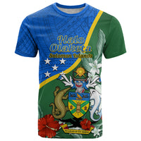 Personalised Halo Olaketa Solomon Islands T Shirt Coat Of Arms With Tropical Flowers Flag Style LT14 Green - Polynesian Pride