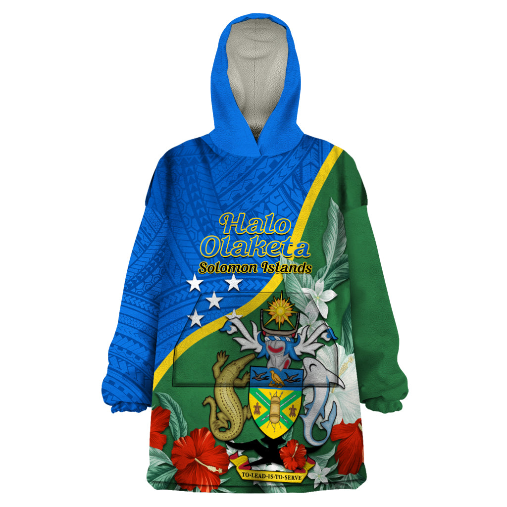 Personalised Halo Olaketa Solomon Islands Wearable Blanket Hoodie Coat Of Arms With Tropical Flowers Flag Style LT14 One Size Green - Polynesian Pride