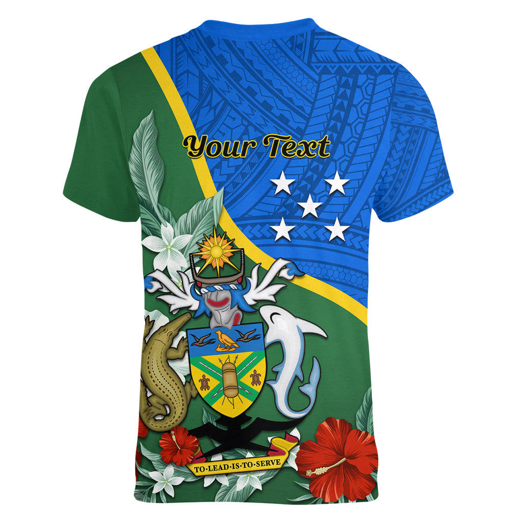 Personalised Halo Olaketa Solomon Islands Women V Neck T Shirt Coat Of Arms With Tropical Flowers Flag Style LT14 - Polynesian Pride
