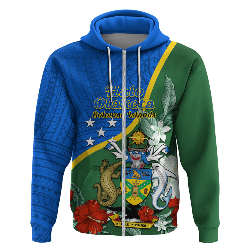 Personalised Halo Olaketa Solomon Islands Zip Hoodie Coat Of Arms With Tropical Flowers Flag Style LT14 Zip Hoodie Green - Polynesian Pride