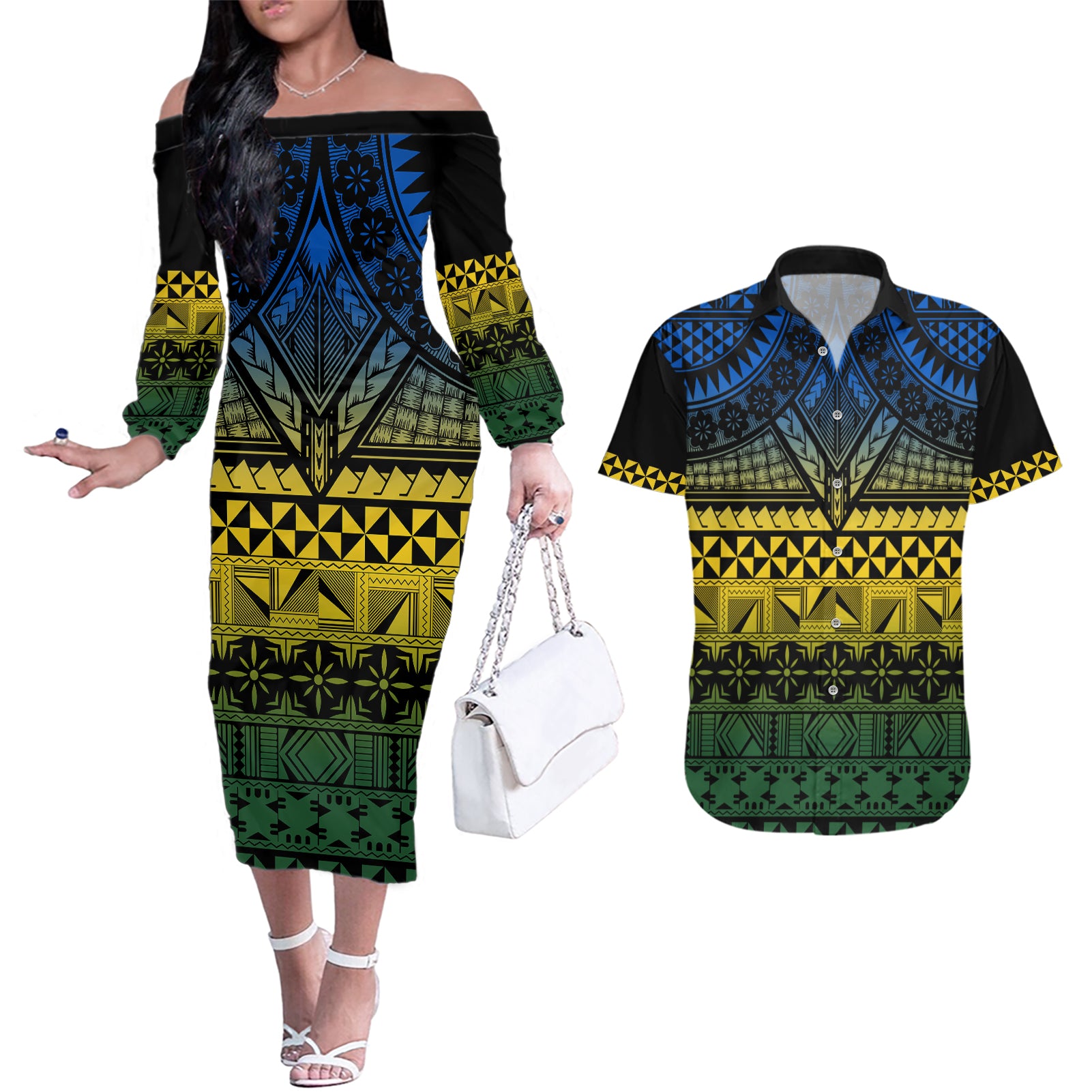 Halo Olaketa Solomon Islands Couples Matching Off The Shoulder Long Sleeve Dress and Hawaiian Shirt Melanesian Tribal Pattern Gradient Version LT14 Black - Polynesian Pride