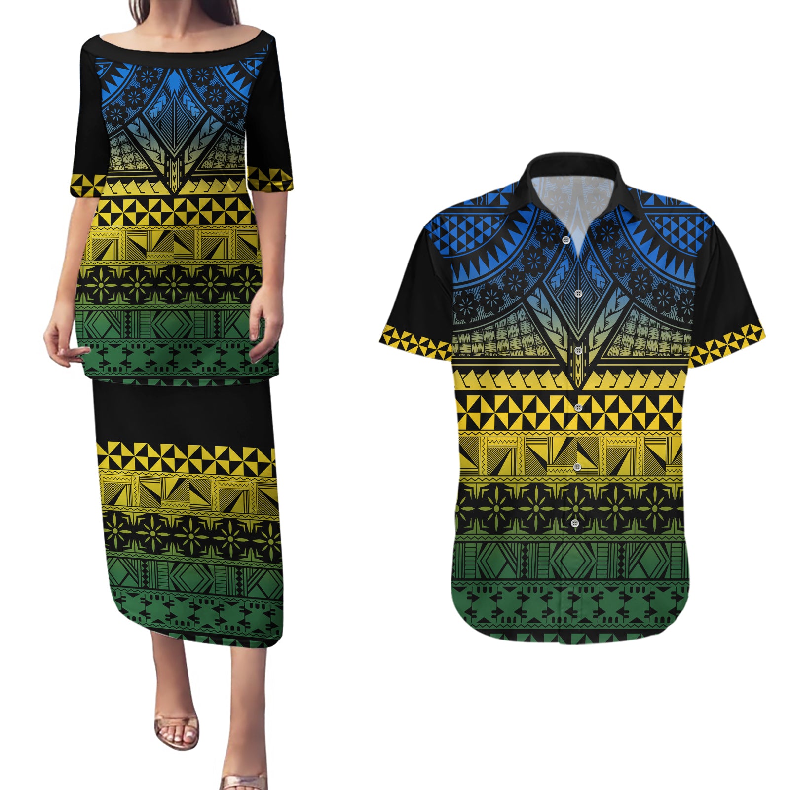 Halo Olaketa Solomon Islands Couples Matching Puletasi and Hawaiian Shirt Melanesian Tribal Pattern Gradient Version LT14 Black - Polynesian Pride