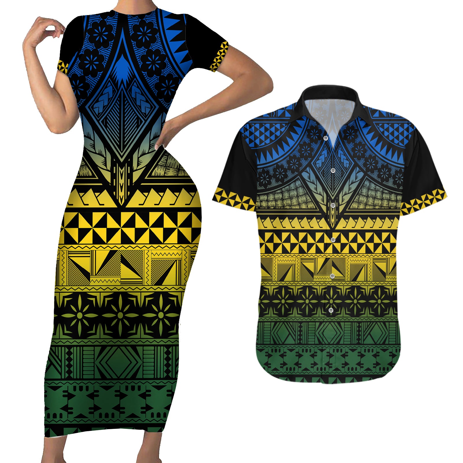 Halo Olaketa Solomon Islands Couples Matching Short Sleeve Bodycon Dress and Hawaiian Shirt Melanesian Tribal Pattern Gradient Version LT14 Black - Polynesian Pride