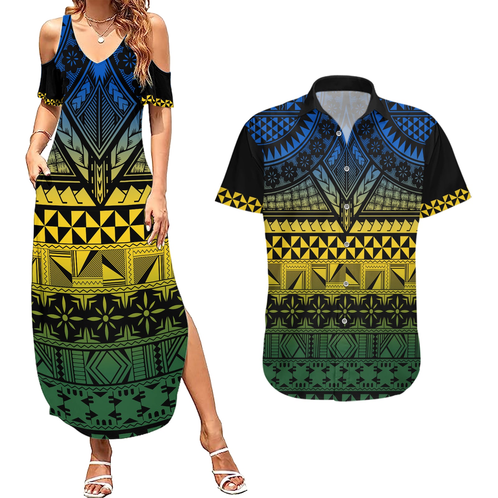 Halo Olaketa Solomon Islands Couples Matching Summer Maxi Dress and Hawaiian Shirt Melanesian Tribal Pattern Gradient Version LT14 Black - Polynesian Pride