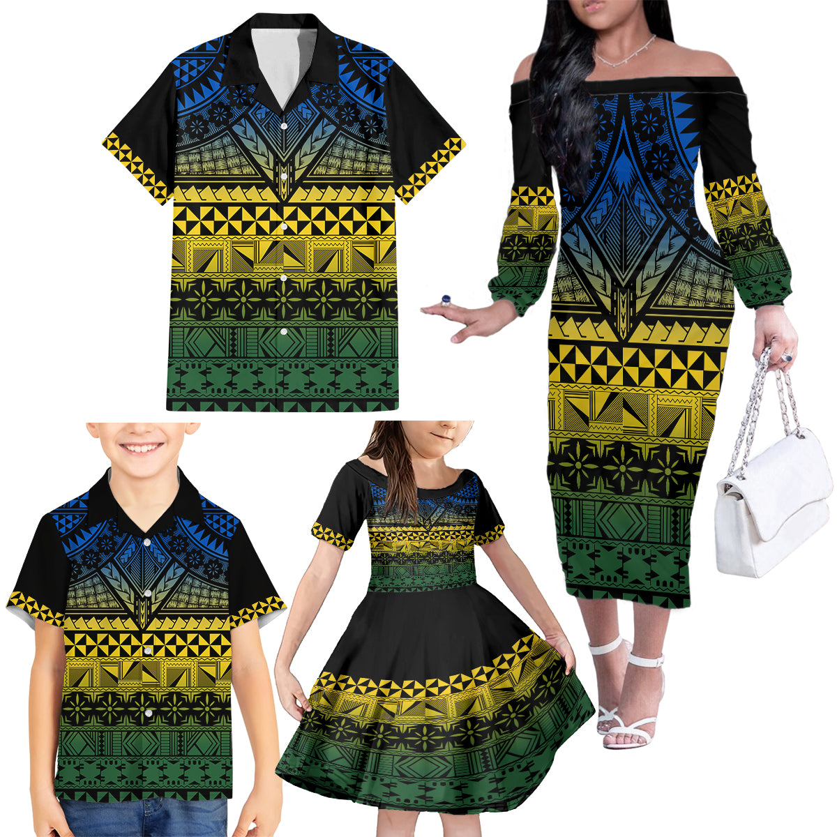 Halo Olaketa Solomon Islands Family Matching Off Shoulder Long Sleeve Dress and Hawaiian Shirt Melanesian Tribal Pattern Gradient Version LT14 - Polynesian Pride