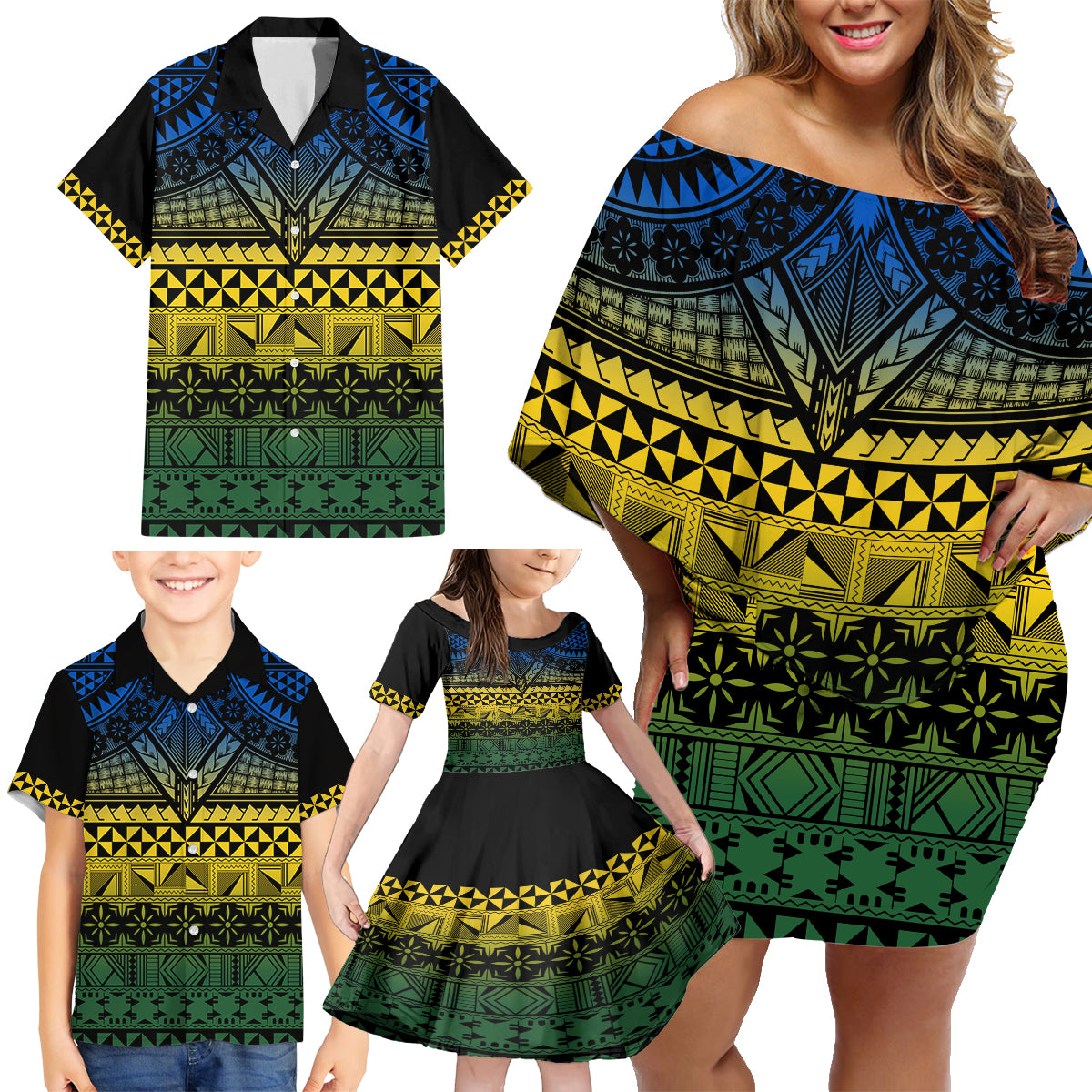Halo Olaketa Solomon Islands Family Matching Off Shoulder Short Dress and Hawaiian Shirt Melanesian Tribal Pattern Gradient Version LT14 - Polynesian Pride