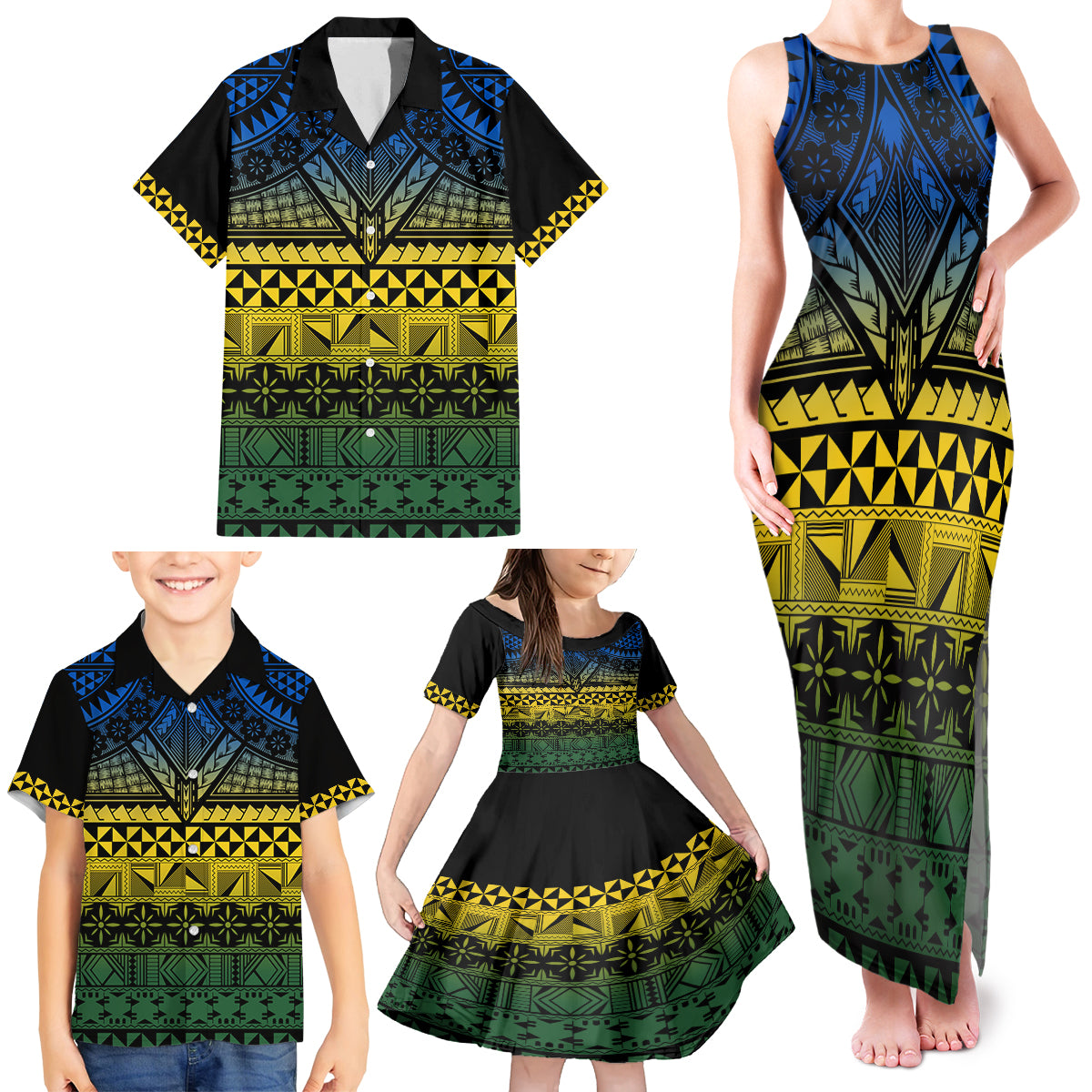 Halo Olaketa Solomon Islands Family Matching Tank Maxi Dress and Hawaiian Shirt Melanesian Tribal Pattern Gradient Version LT14 - Polynesian Pride