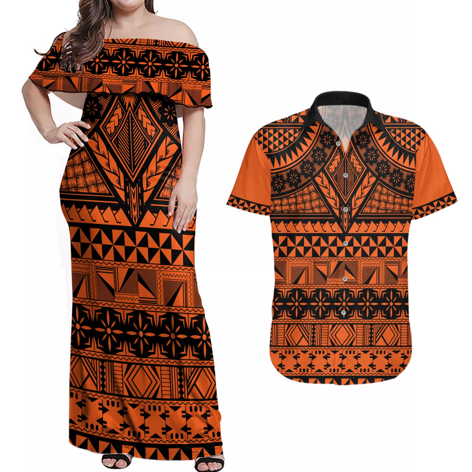 Halo Olaketa Solomon Islands Couples Matching Off Shoulder Maxi Dress and Hawaiian Shirt Melanesian Tribal Pattern Orange Version LT14 Orange - Polynesian Pride