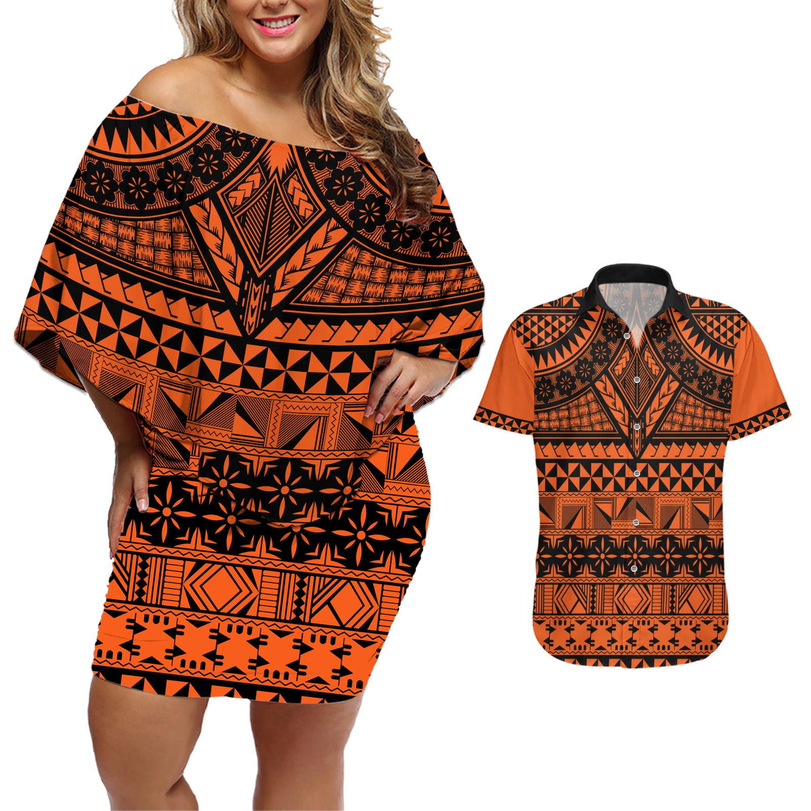 Halo Olaketa Solomon Islands Couples Matching Off Shoulder Short Dress and Hawaiian Shirt Melanesian Tribal Pattern Orange Version LT14 Orange - Polynesian Pride