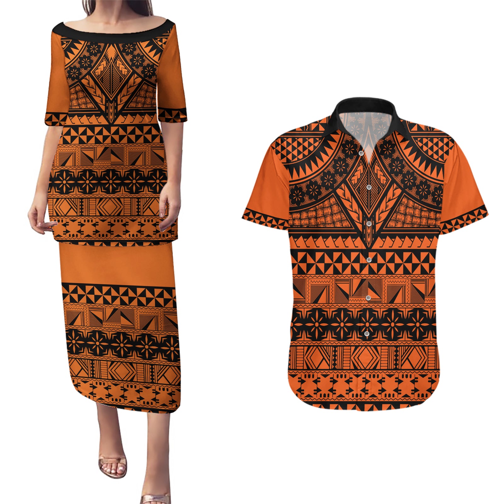 Halo Olaketa Solomon Islands Couples Matching Puletasi and Hawaiian Shirt Melanesian Tribal Pattern Orange Version LT14 Orange - Polynesian Pride