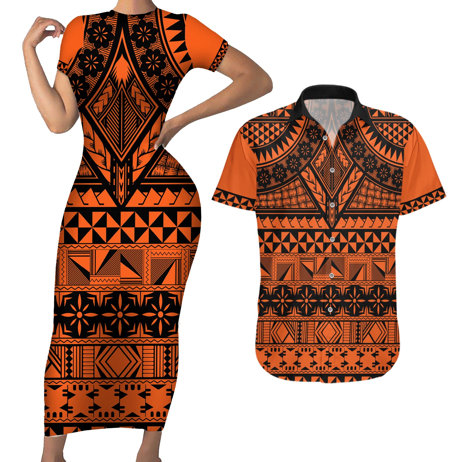 Halo Olaketa Solomon Islands Couples Matching Short Sleeve Bodycon Dress and Hawaiian Shirt Melanesian Tribal Pattern Orange Version LT14 Orange - Polynesian Pride