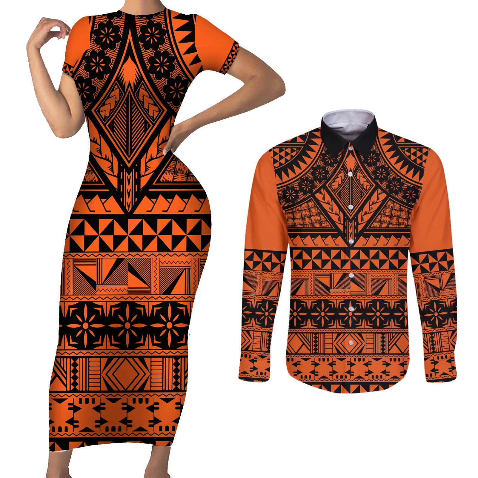 Halo Olaketa Solomon Islands Couples Matching Short Sleeve Bodycon Dress and Long Sleeve Button Shirt Melanesian Tribal Pattern Orange Version LT14 Orange - Polynesian Pride