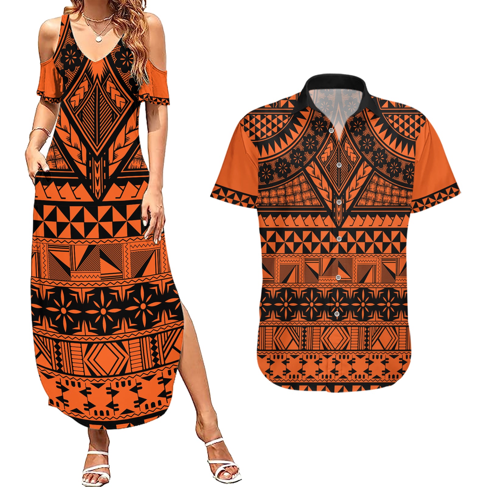Halo Olaketa Solomon Islands Couples Matching Summer Maxi Dress and Hawaiian Shirt Melanesian Tribal Pattern Orange Version LT14 Orange - Polynesian Pride