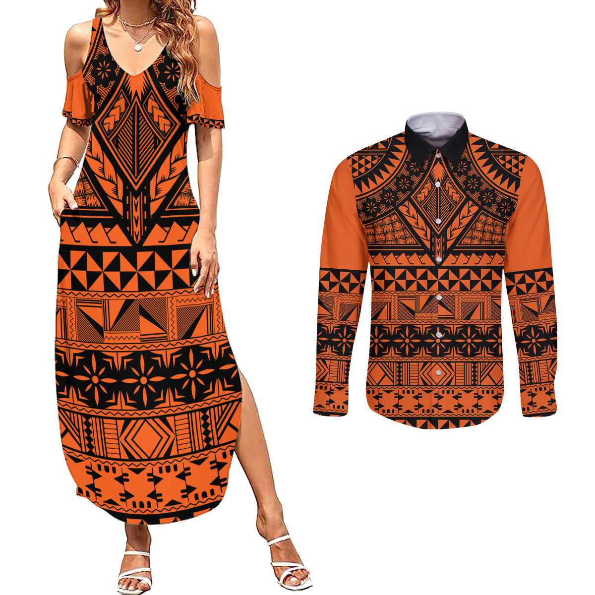 Halo Olaketa Solomon Islands Couples Matching Summer Maxi Dress and Long Sleeve Button Shirt Melanesian Tribal Pattern Orange Version LT14 Orange - Polynesian Pride