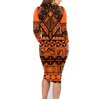 Halo Olaketa Solomon Islands Family Matching Long Sleeve Bodycon Dress and Hawaiian Shirt Melanesian Tribal Pattern Orange Version LT14 - Polynesian Pride