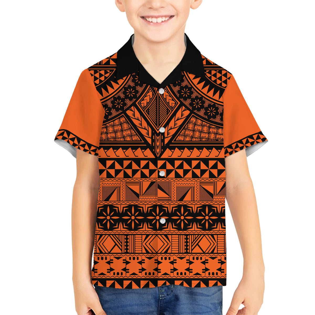 Halo Olaketa Solomon Islands Family Matching Off Shoulder Long Sleeve Dress and Hawaiian Shirt Melanesian Tribal Pattern Orange Version LT14 Son's Shirt Orange - Polynesian Pride