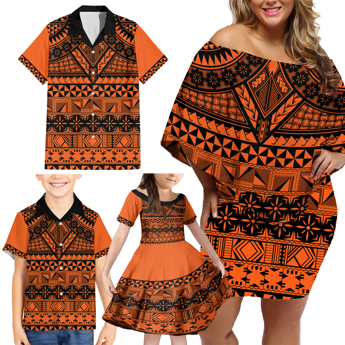 Halo Olaketa Solomon Islands Family Matching Off Shoulder Short Dress and Hawaiian Shirt Melanesian Tribal Pattern Orange Version LT14 - Polynesian Pride