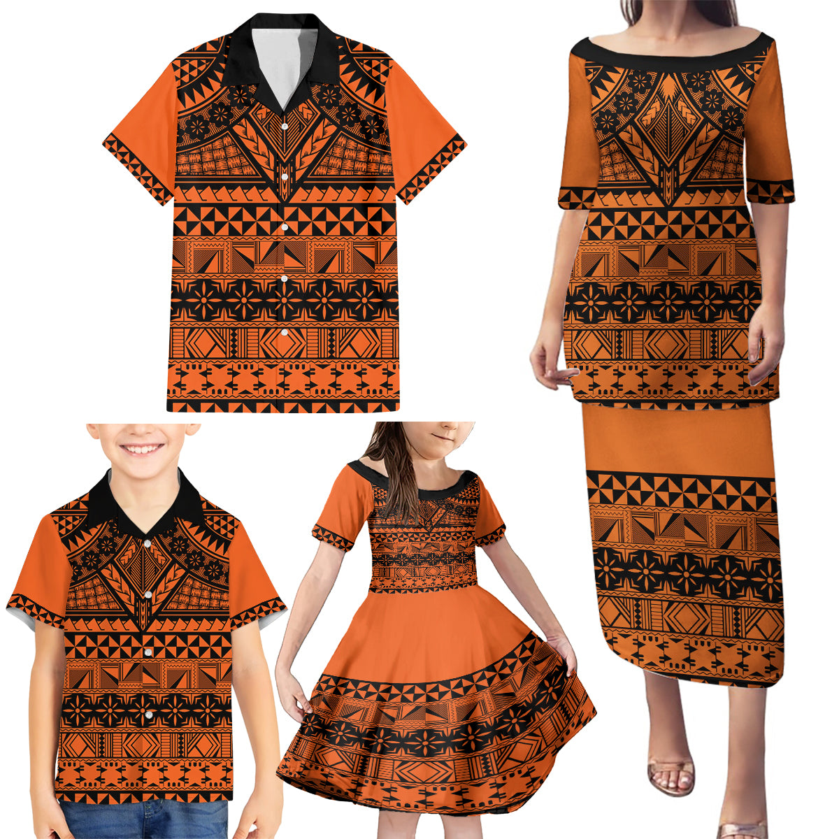 Halo Olaketa Solomon Islands Family Matching Puletasi and Hawaiian Shirt Melanesian Tribal Pattern Orange Version LT14 - Polynesian Pride