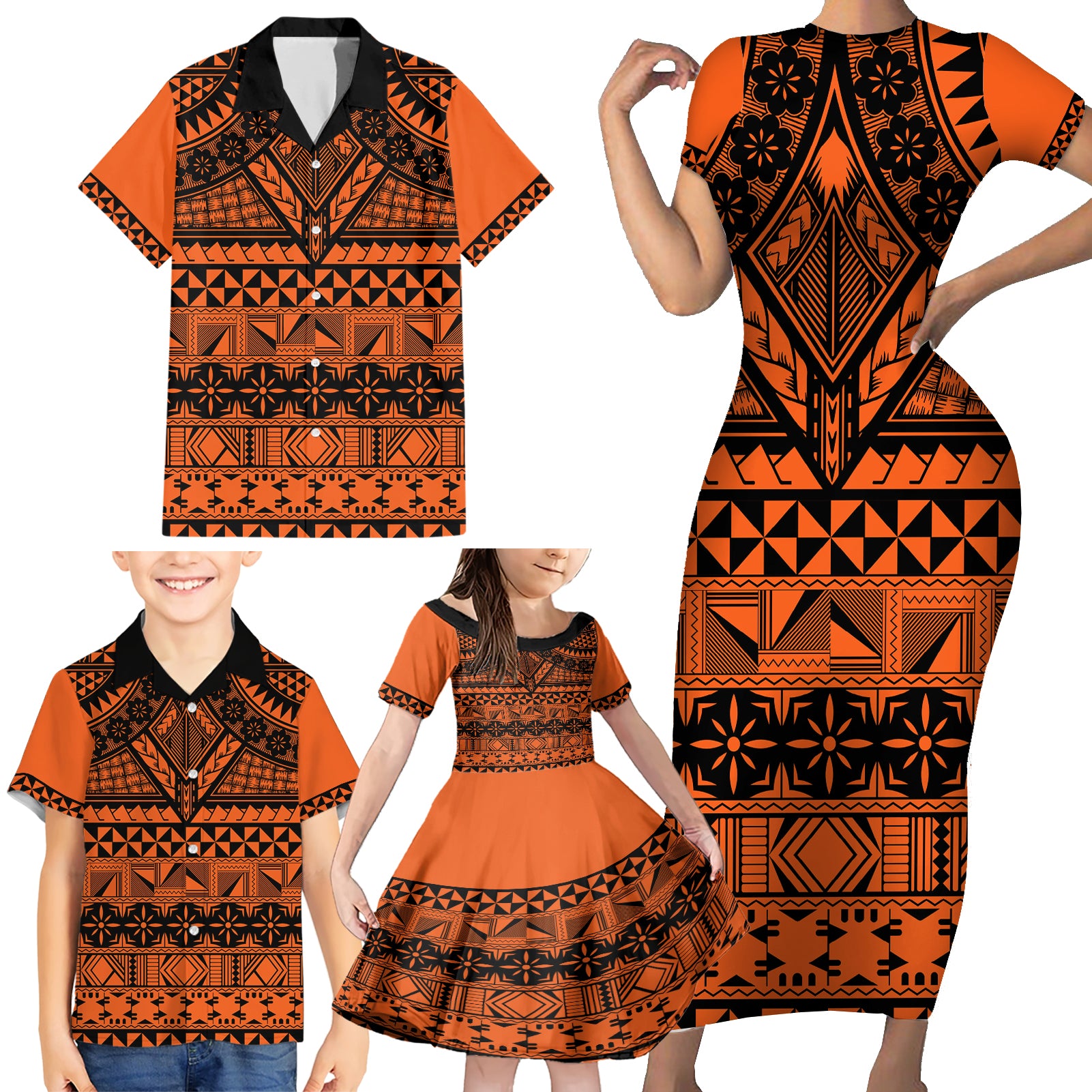 Halo Olaketa Solomon Islands Family Matching Short Sleeve Bodycon Dress and Hawaiian Shirt Melanesian Tribal Pattern Orange Version LT14 - Polynesian Pride