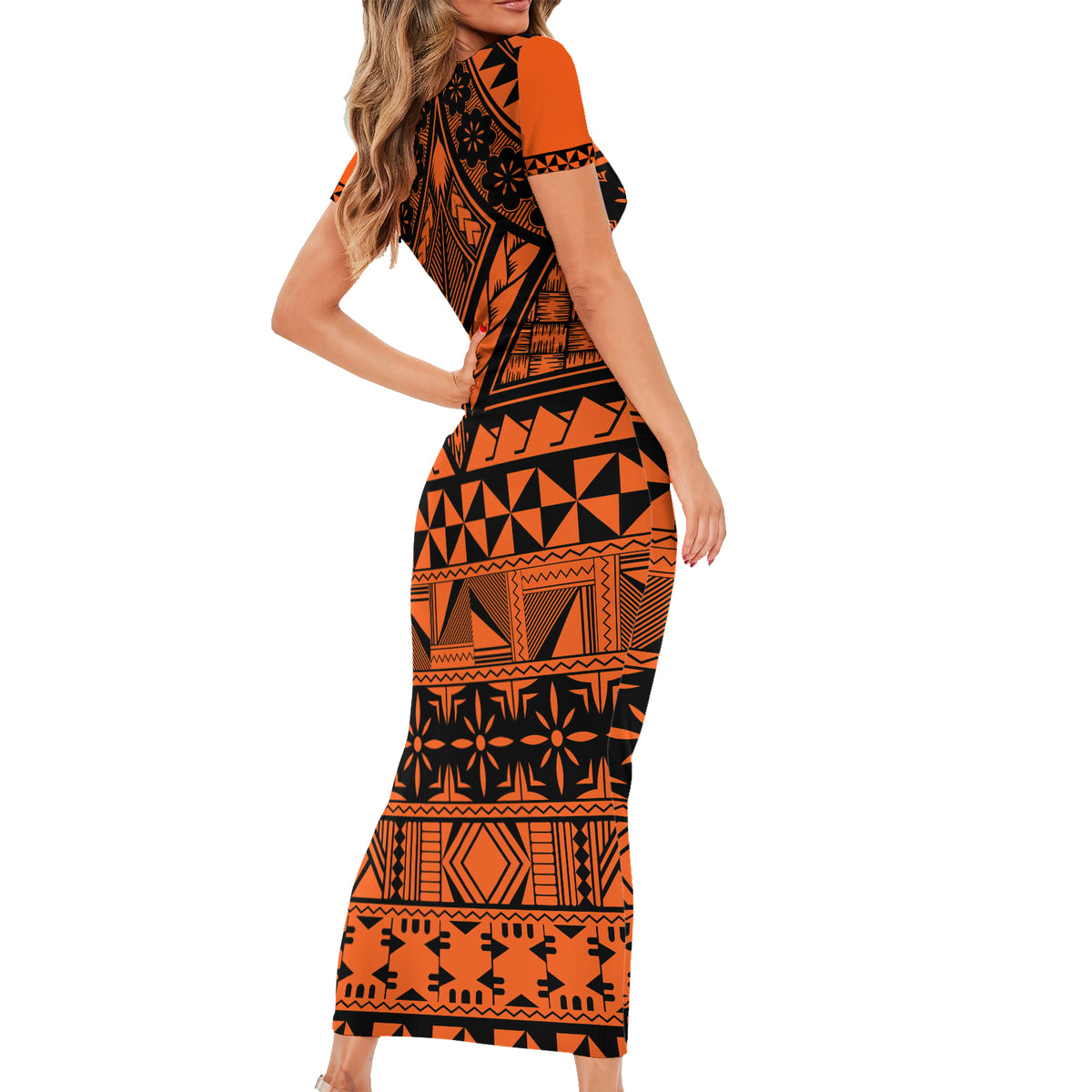 Halo Olaketa Solomon Islands Family Matching Short Sleeve Bodycon Dress and Hawaiian Shirt Melanesian Tribal Pattern Orange Version LT14 - Polynesian Pride