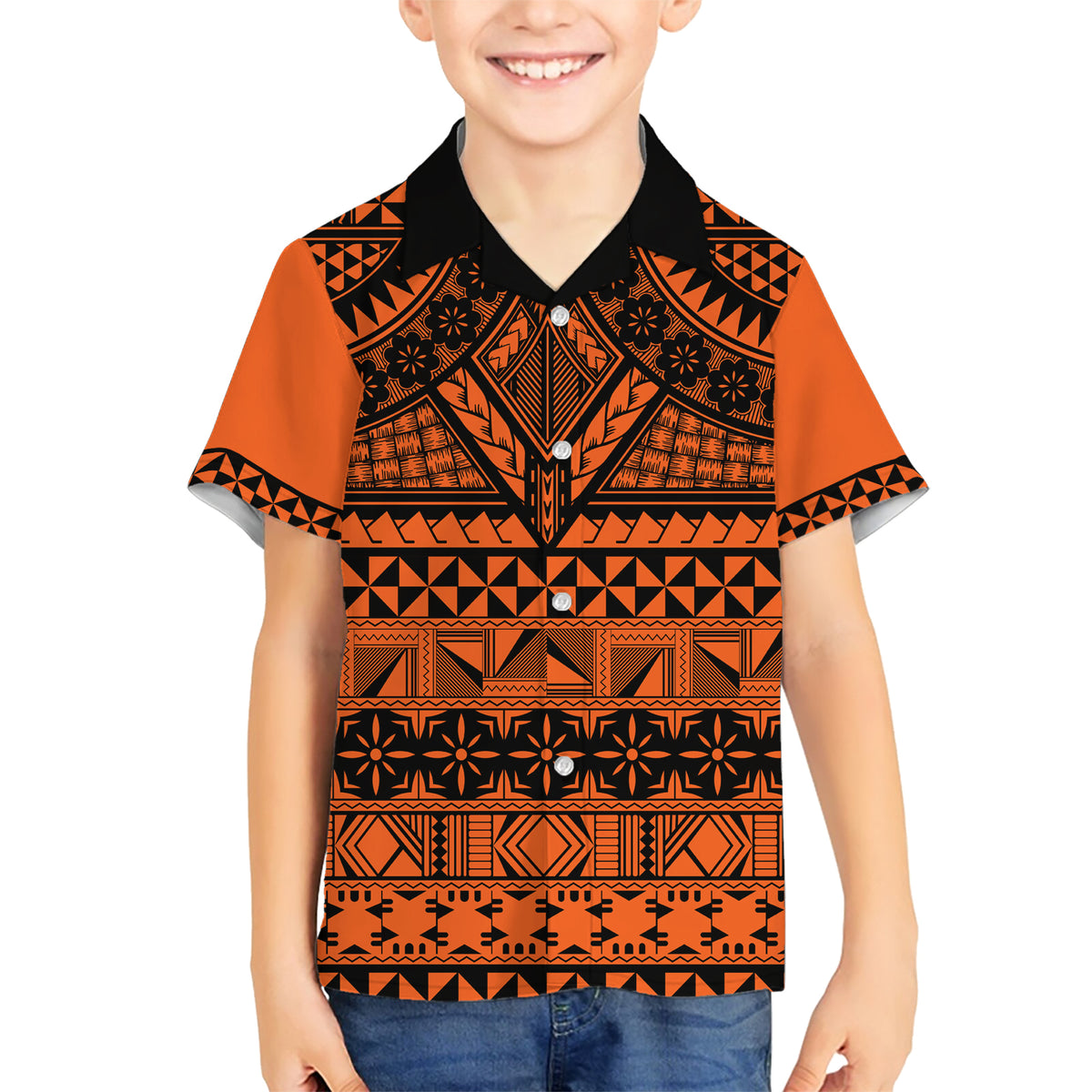 Halo Olaketa Solomon Islands Family Matching Short Sleeve Bodycon Dress and Hawaiian Shirt Melanesian Tribal Pattern Orange Version LT14 Son's Shirt Orange - Polynesian Pride