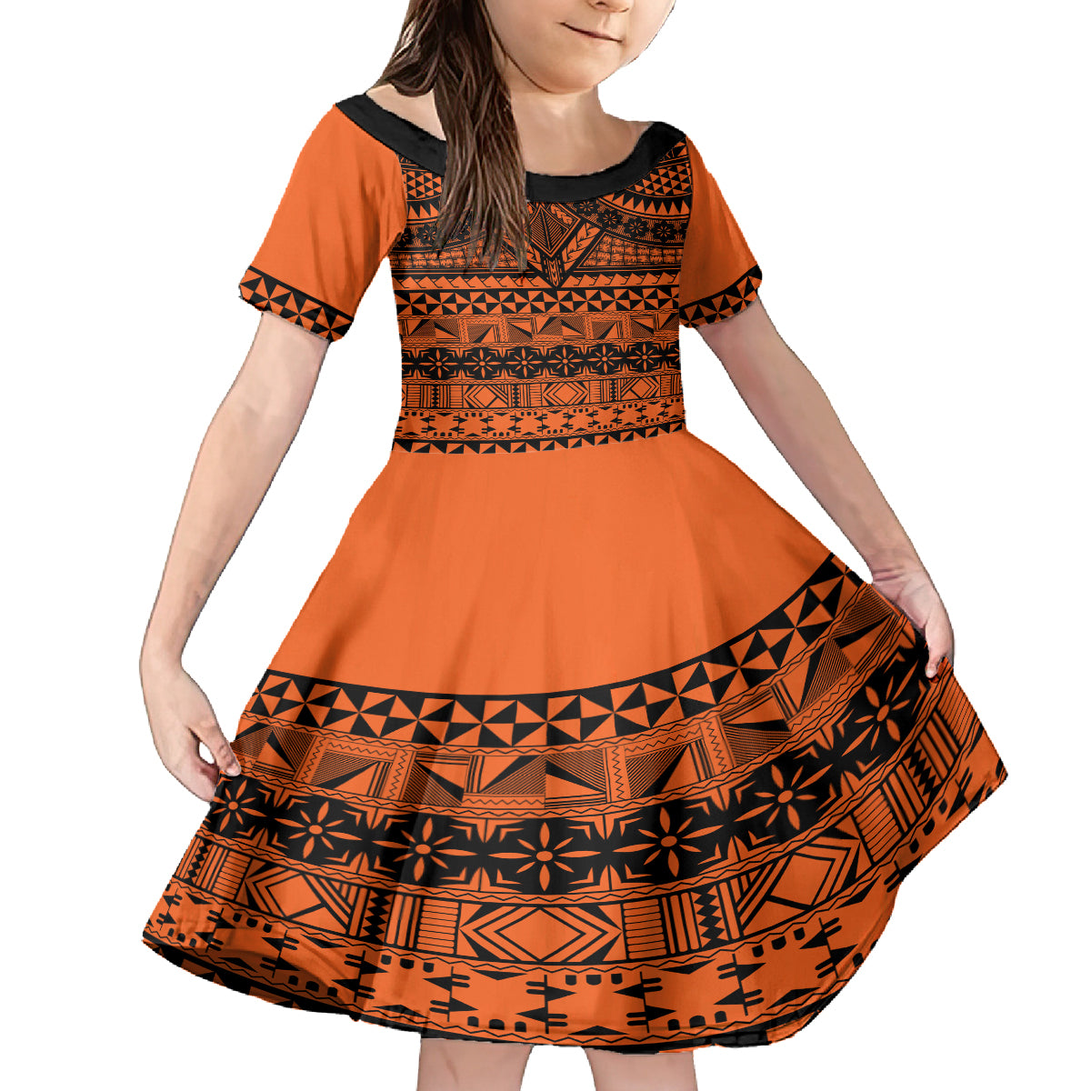 Halo Olaketa Solomon Islands Kid Short Sleeve Dress Melanesian Tribal Pattern Orange Version LT14 KID Orange - Polynesian Pride