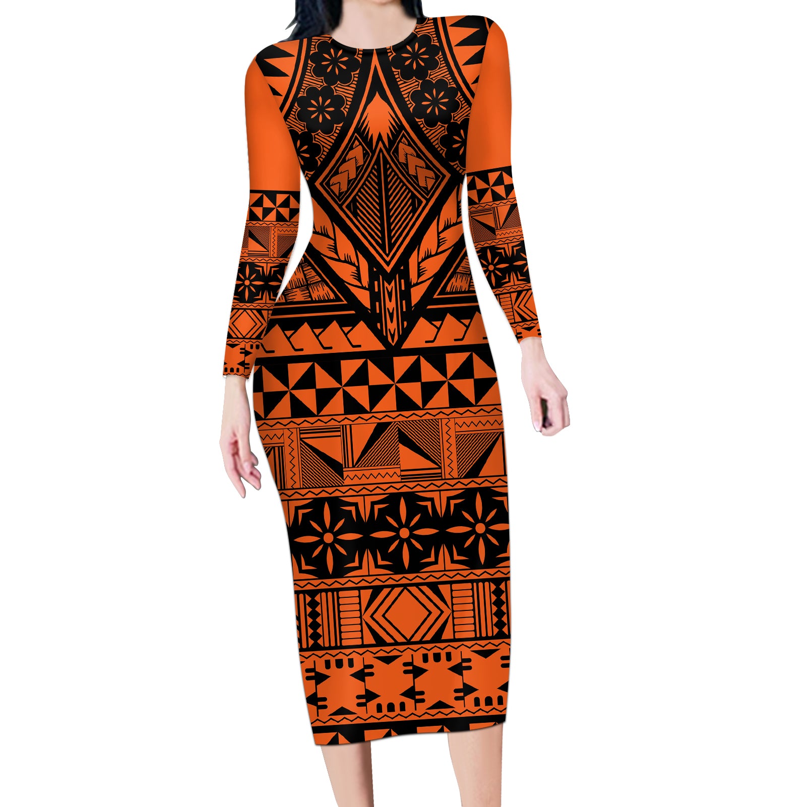Halo Olaketa Solomon Islands Long Sleeve Bodycon Dress Melanesian Tribal Pattern Orange Version LT14 Long Dress Orange - Polynesian Pride