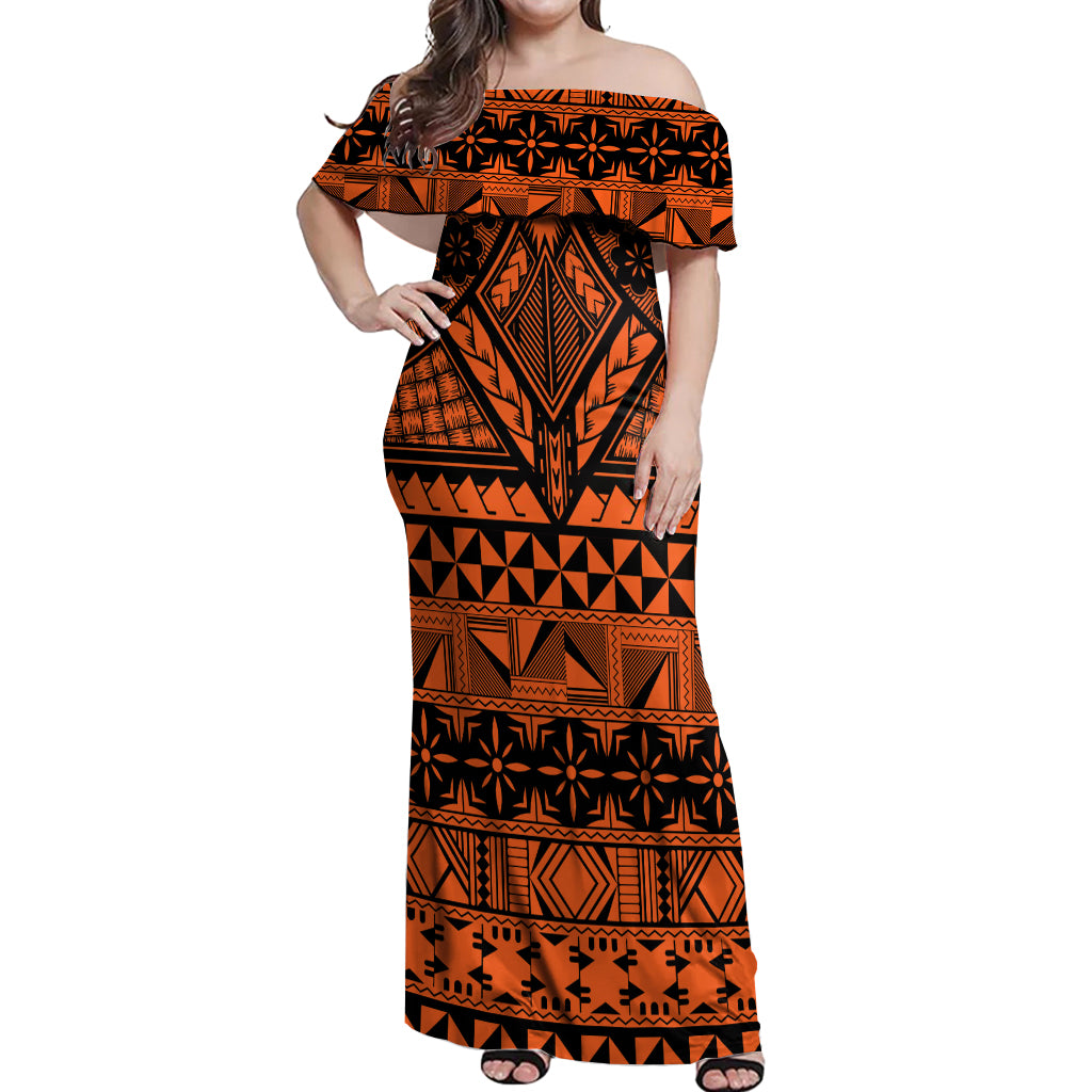 Halo Olaketa Solomon Islands Off Shoulder Maxi Dress Melanesian Tribal Pattern Orange Version LT14 Women Orange - Polynesian Pride